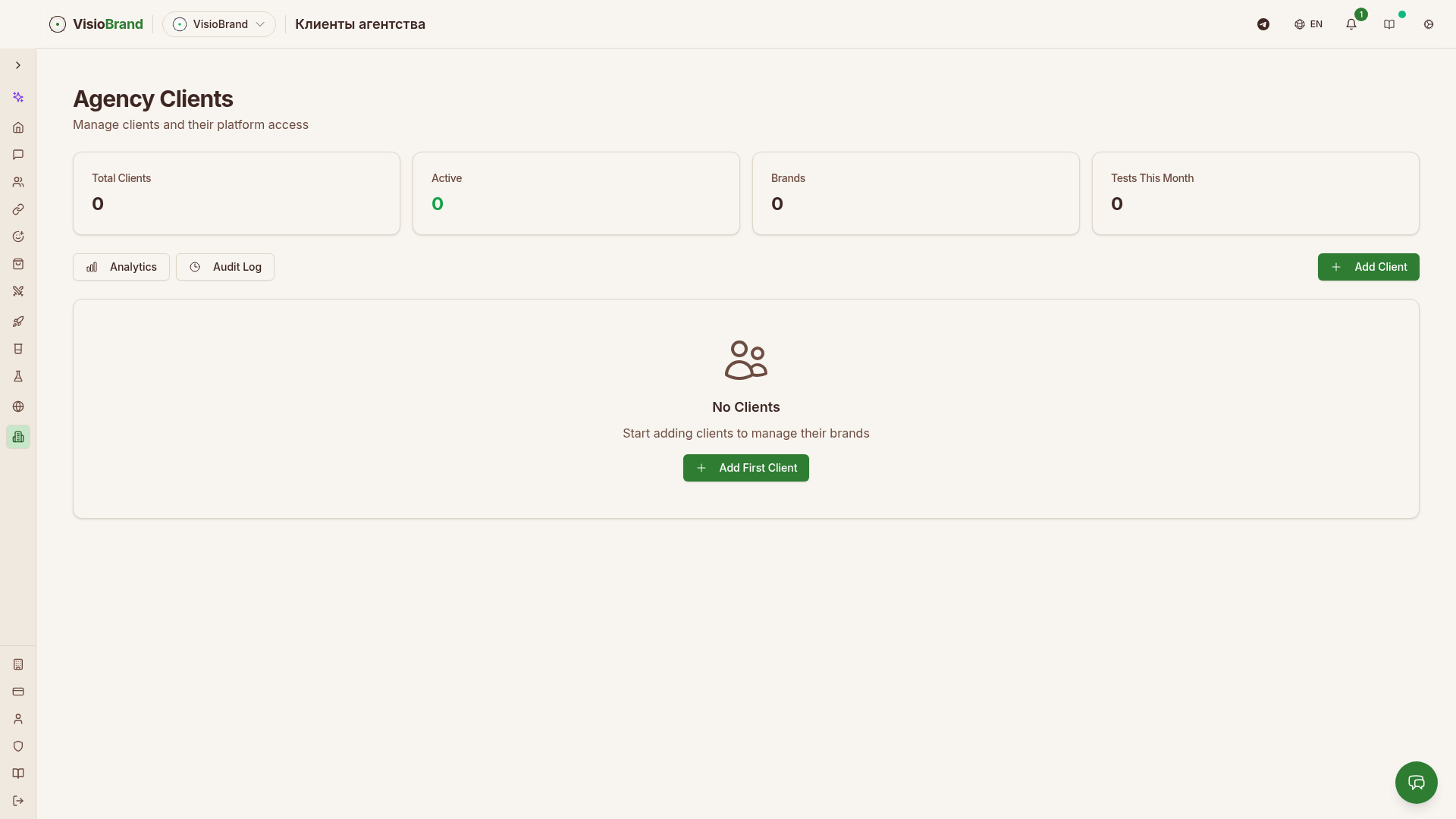 Агентская система VisioBrand: управление клиентами, аналитика, аудит-лог, KPI по клиентам и брендам